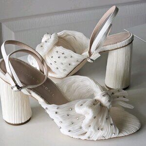 Loeffler Randall Camellia Pleated Bow Rhinestone Ivory Heels Sandals